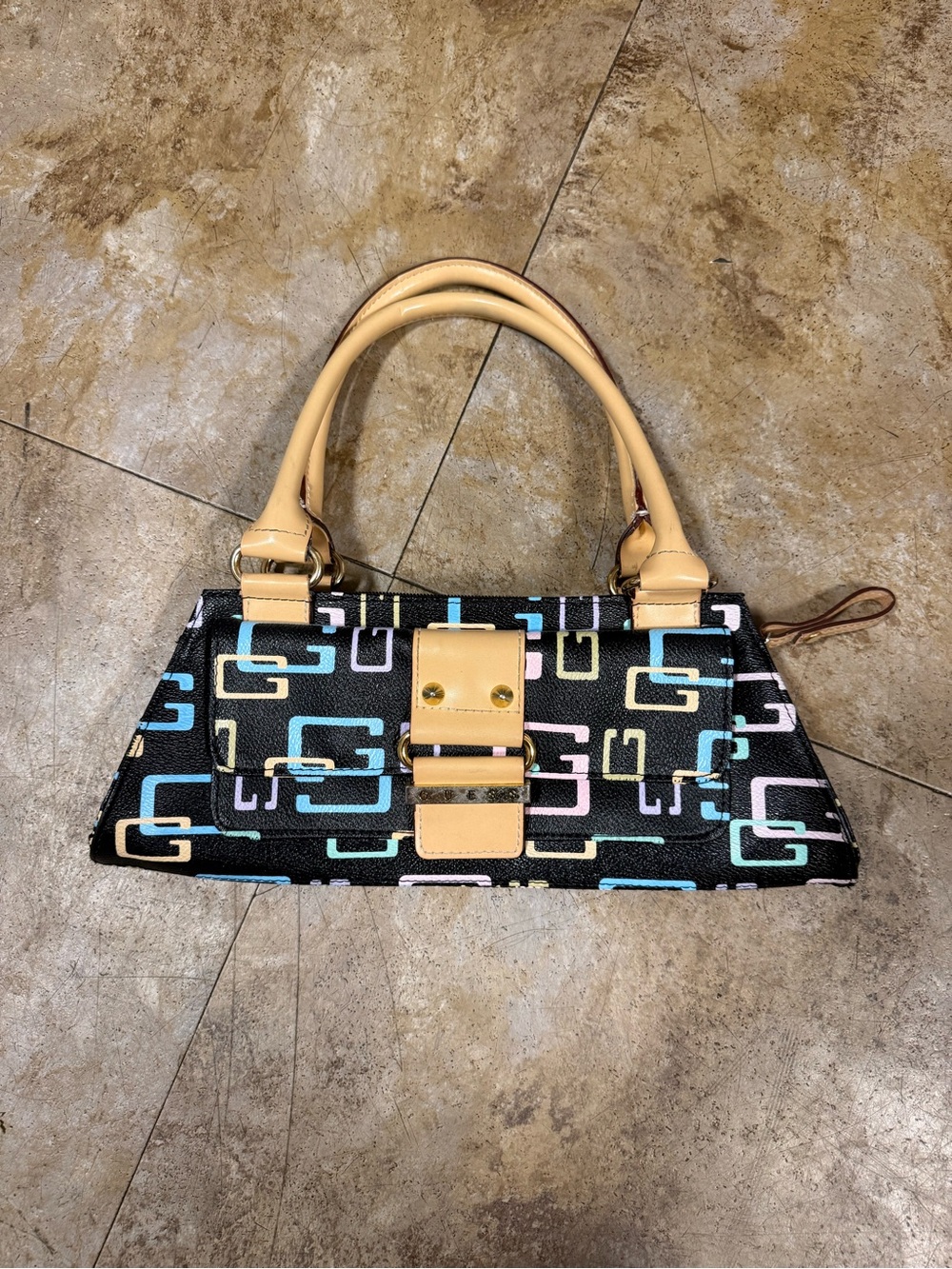 Vintage Guess Black Shoulder Bag with Tan Handles and Multicolor Logo Print